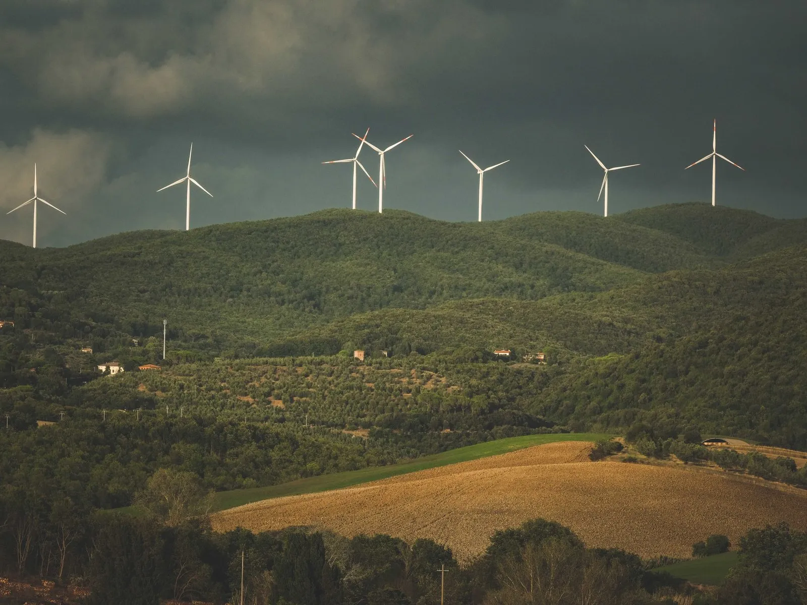 Wind turbines on the ridge of a wooded Apennine hill, under a cloudy sky