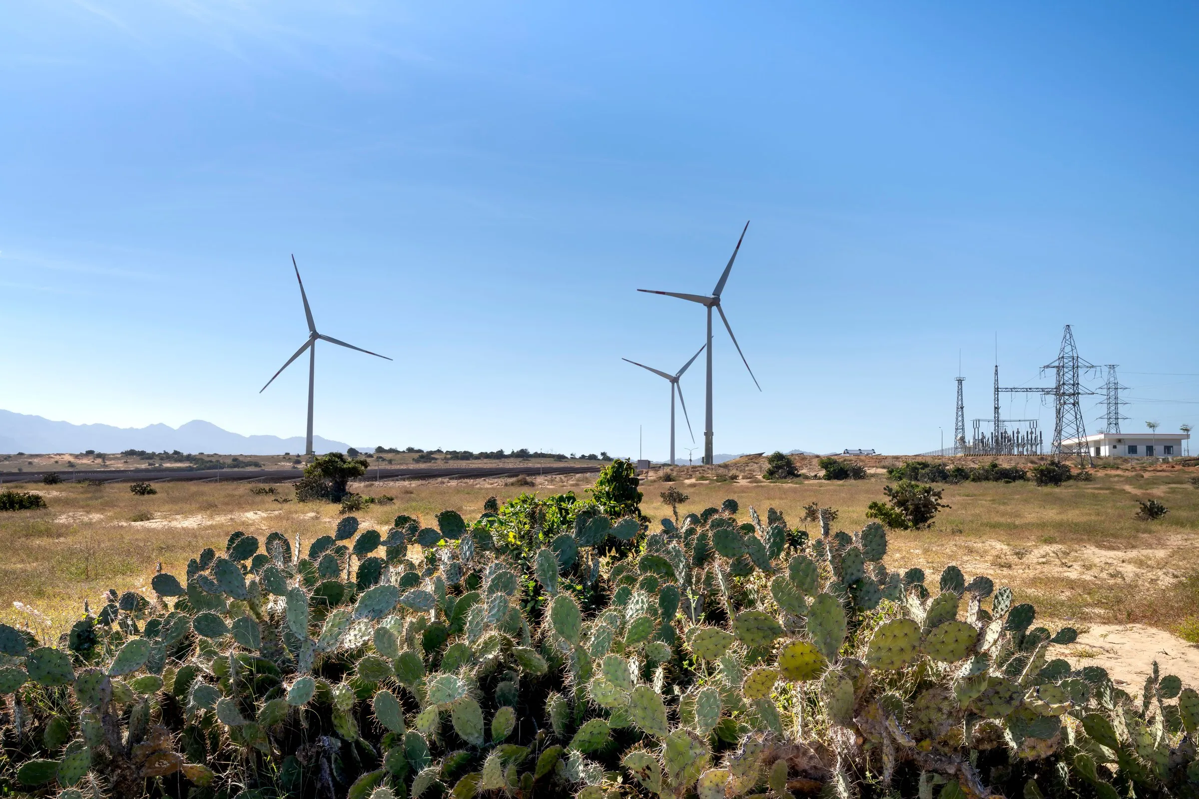 Turbine eoliche e tralicci elettrici in un paesaggio arido, con una sottostazione sullo sfondo